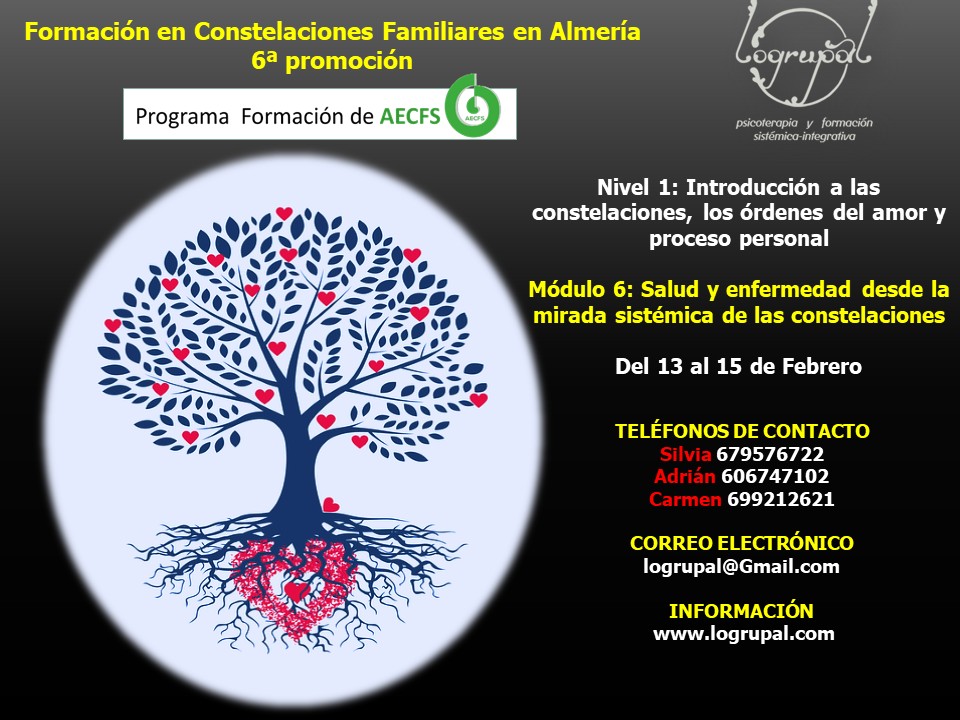Formación en Constelaciones Familiares presencial en Almería y online – 6ª promoción. Módulo 6 del nivel 1:  Salud y enfermedad desde la mirada sistémica de las constelaciones(del 13 al 15 de Febrero)